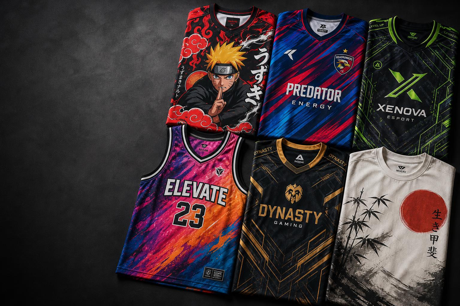 Koleksi jersi sublimasi custom — anime, bola sepak, esports & basketball